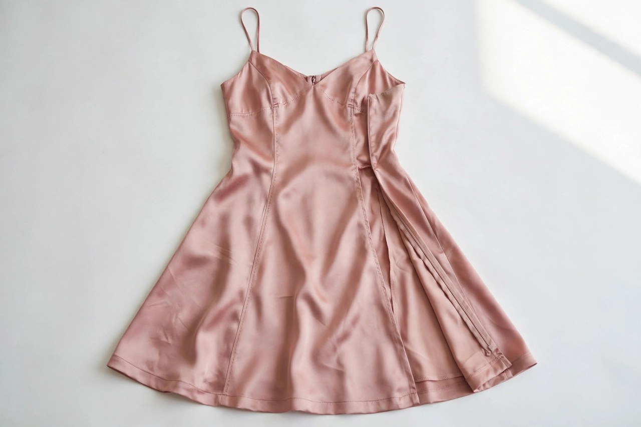 Women's silk cocktail dresses garment laid flat, product photograph showing fabric and construction details