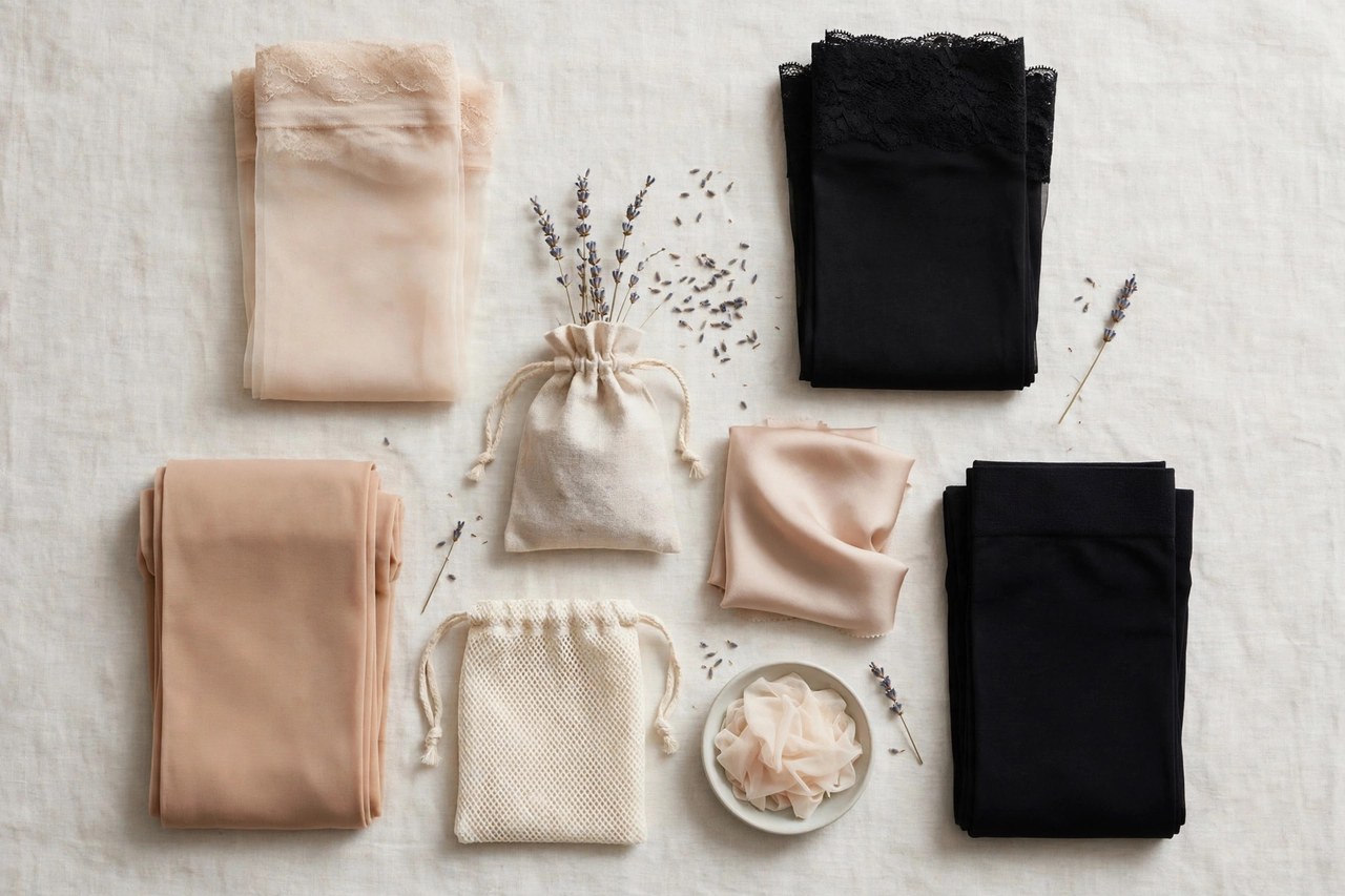 Women's silk hosiery: types, deniers & care garment folded flat as a product photograph, no people