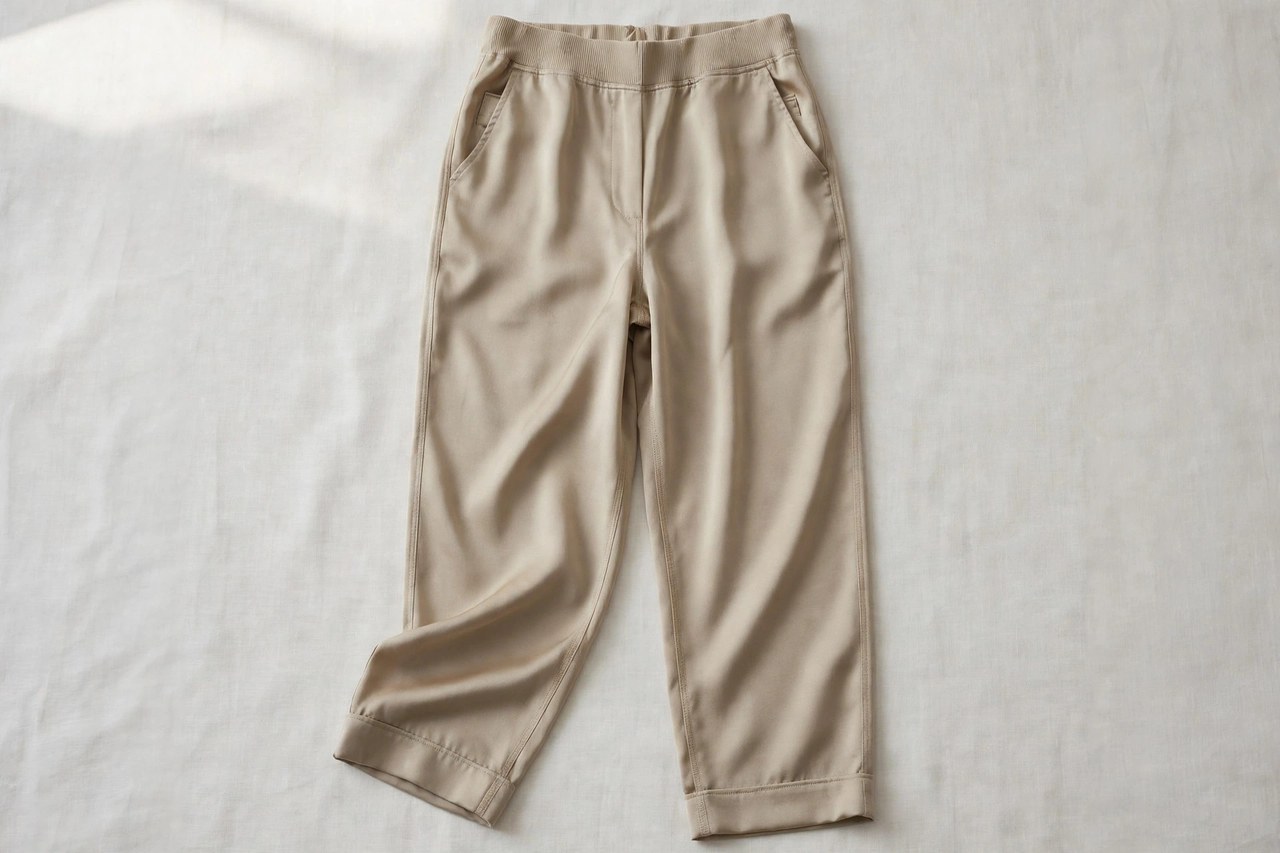 Women's silk interlock pants garment laid flat, product photograph showing fabric and construction details