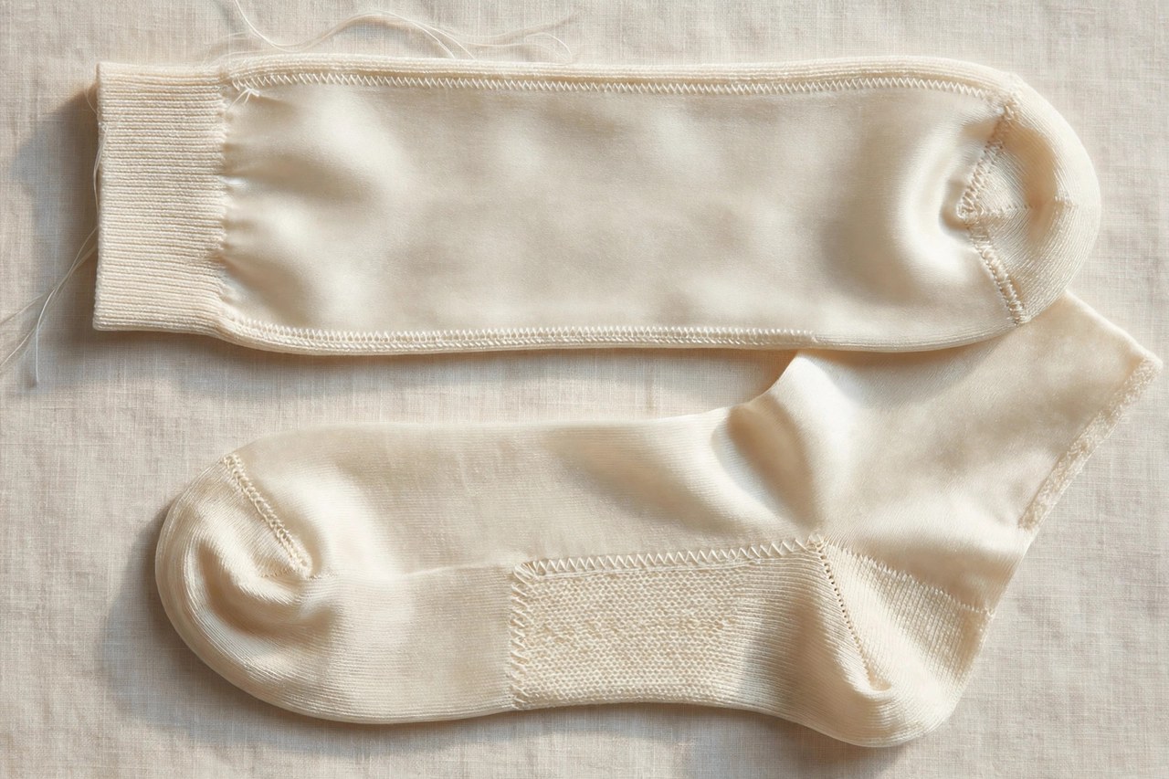 Women's silk mid-calf sock liners: uses & care garment laid flat, product photograph showing fabric and construction details