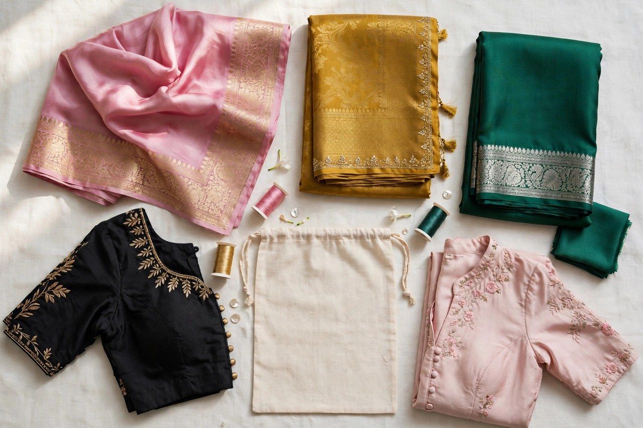 Women's silk saris: draping, blouses & care garment laid flat, product photograph showing fabric and construction details