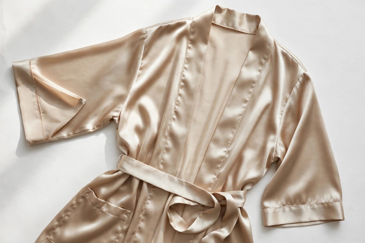 Women's silk satin robes: weave, weight & care garment laid flat, product photograph showing fabric and construction details