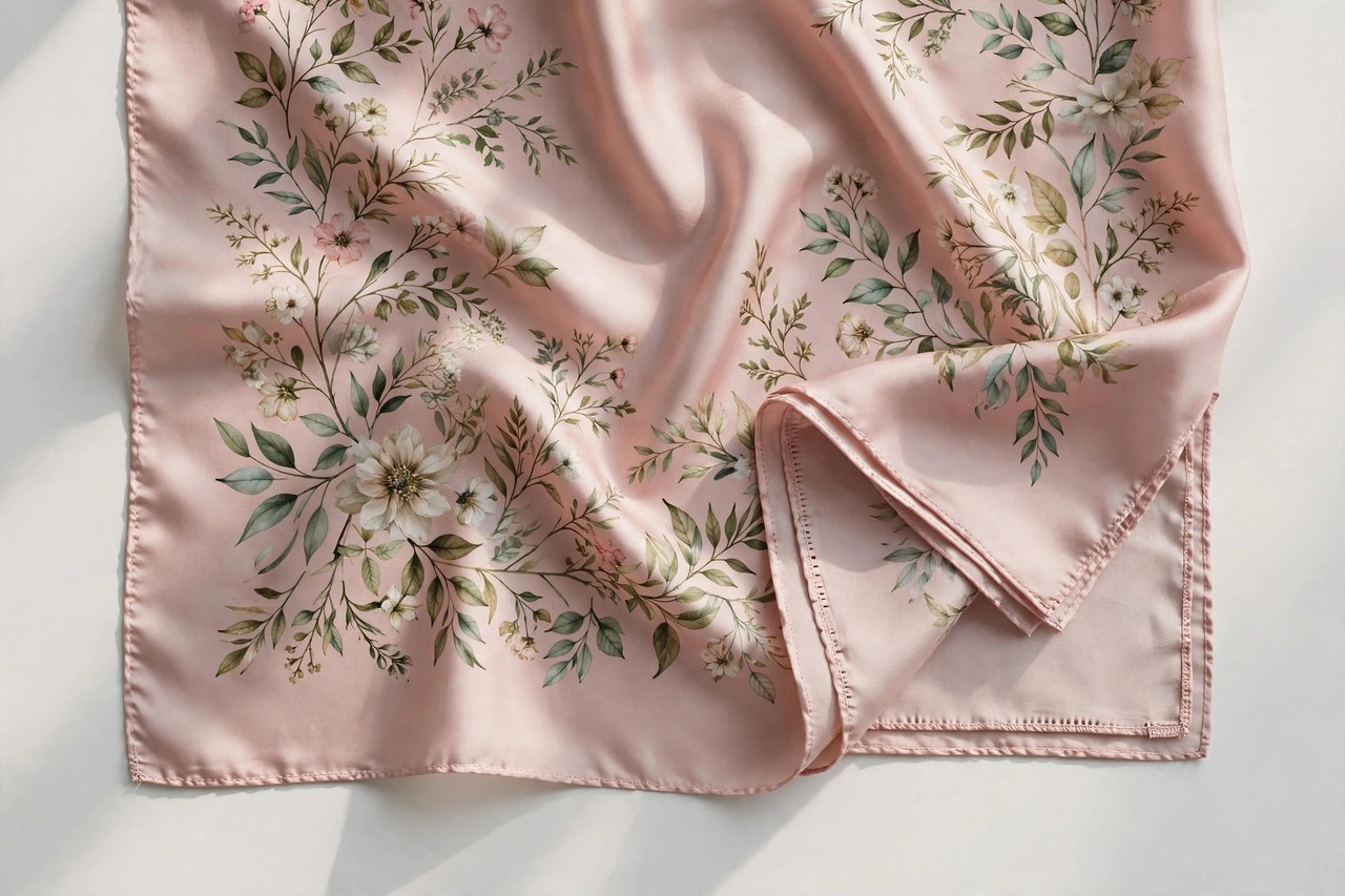 Women's silk scarf: choosing one scarf well garment laid flat, product photograph showing fabric and construction details