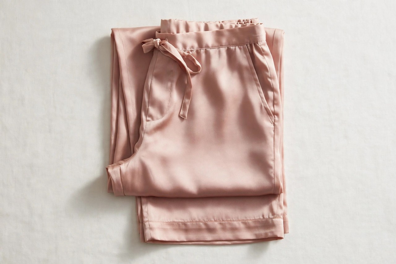 Women's silk sleep pants: fit, fabrics & care garment folded flat as a product photograph, no people