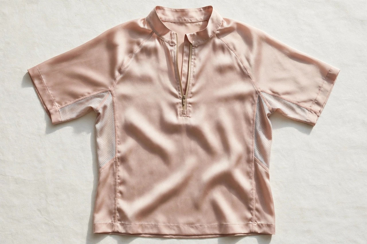 Women's silk sports shirts garment laid flat, product photograph showing fabric and construction details