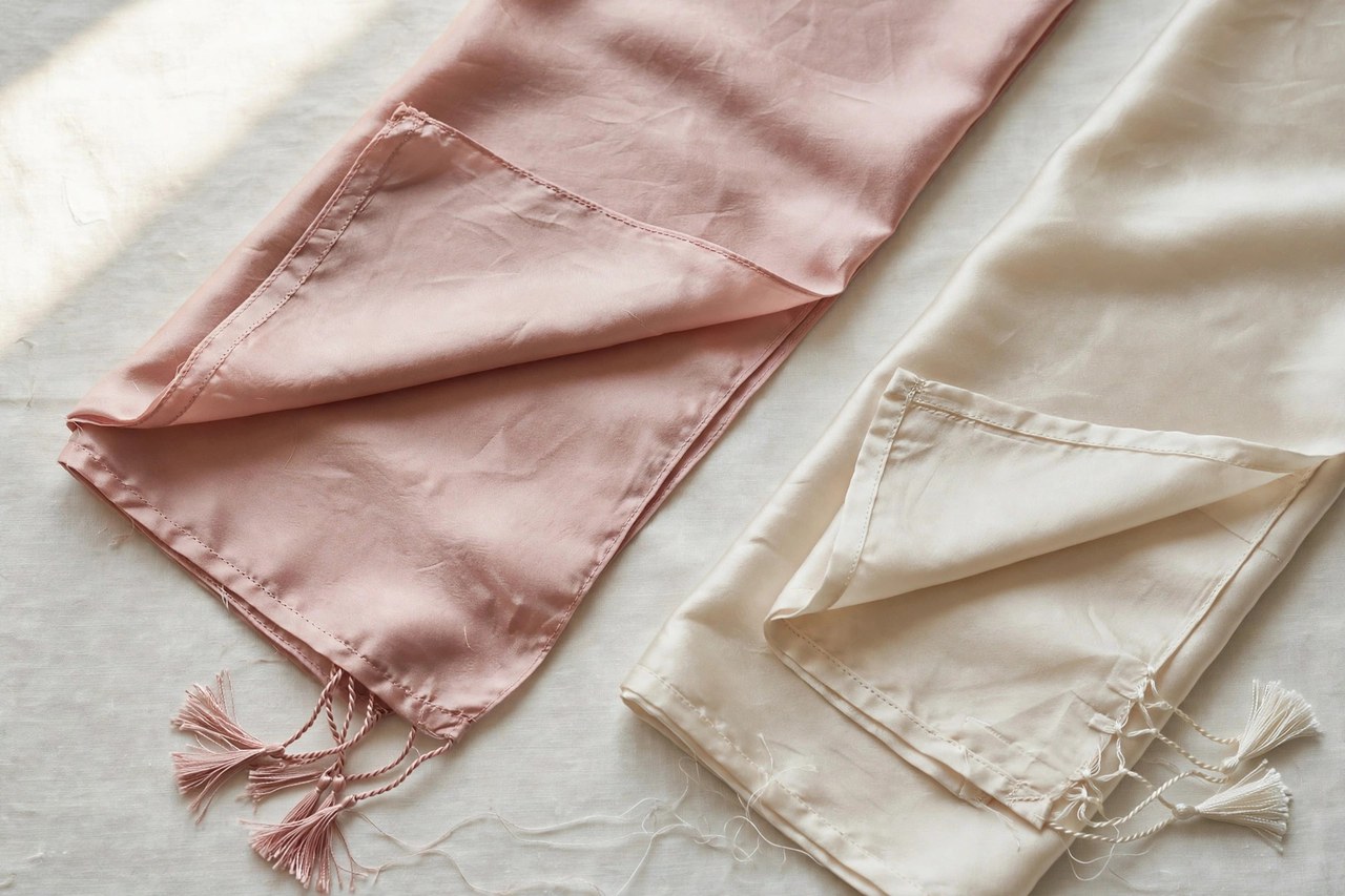 Women's silk stoles garment laid flat, product photograph showing fabric and construction details