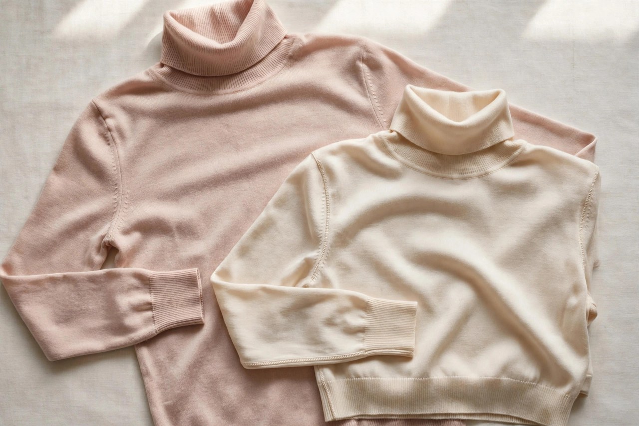 Women's silk turtleneck sweaters garment laid flat, product photograph showing fabric and construction details