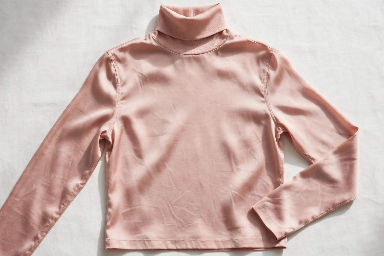Women's silk turtleneck tops garment laid flat, product photograph showing fabric and construction details