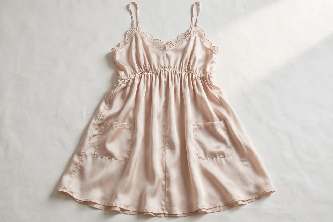 Women's silk two-pocket babydoll dresses garment laid flat, product photograph showing fabric and construction details