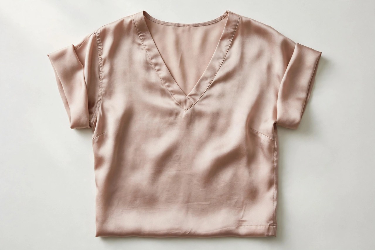 Women's silk v-neck tops garment laid flat, product photograph showing fabric and construction details