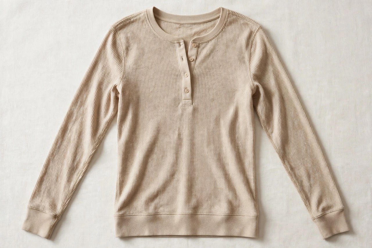 Women's silk waffle-knit thermal tops: fit & care garment laid flat, product photograph showing fabric and construction details