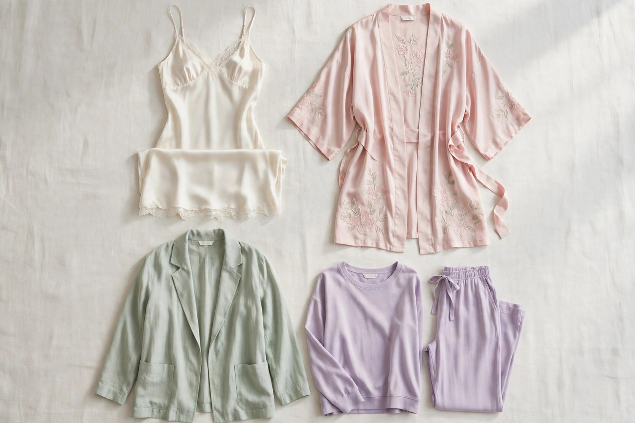 Women's silk chemise, kimono robe, jacket and loungewear laid flat in ivory and pastel tones