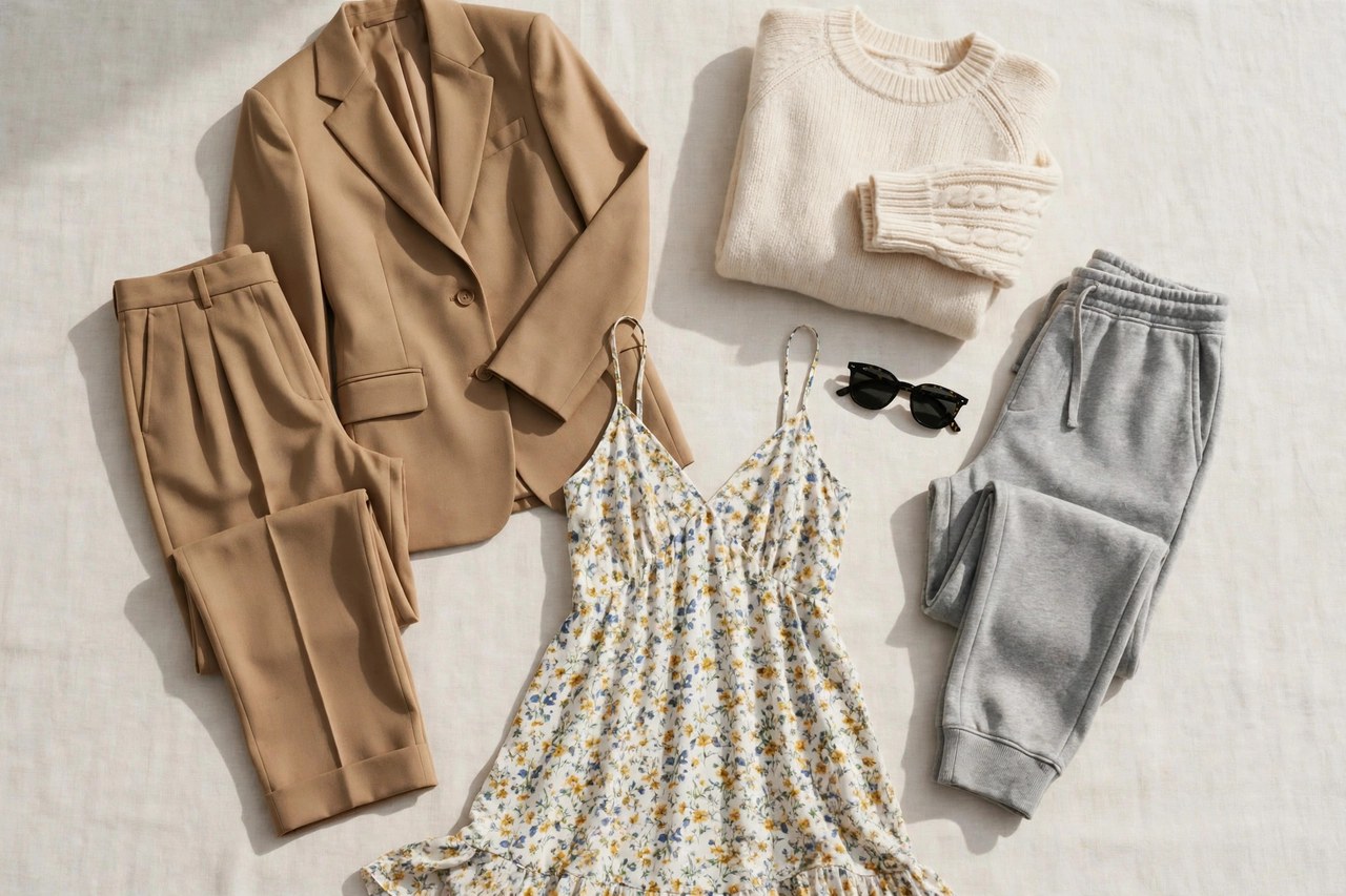 Women's suits, a sweater, sweatpants, sunglasses and a sundress arranged as a flat lay