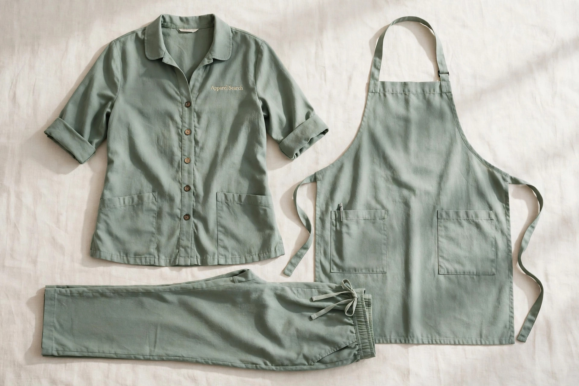 Women's salon and spa uniform set laid flat, sage beauty tunic, matching trousers and a styling apron, product photography with no people