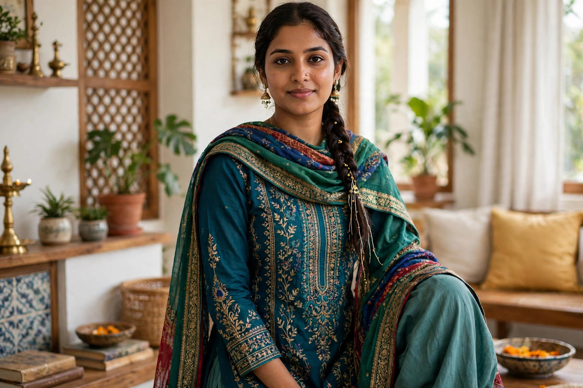 Woman wearing a salwar kameez with embroidered tunic, loose trousers and draped dupatta scarf in jewel tones