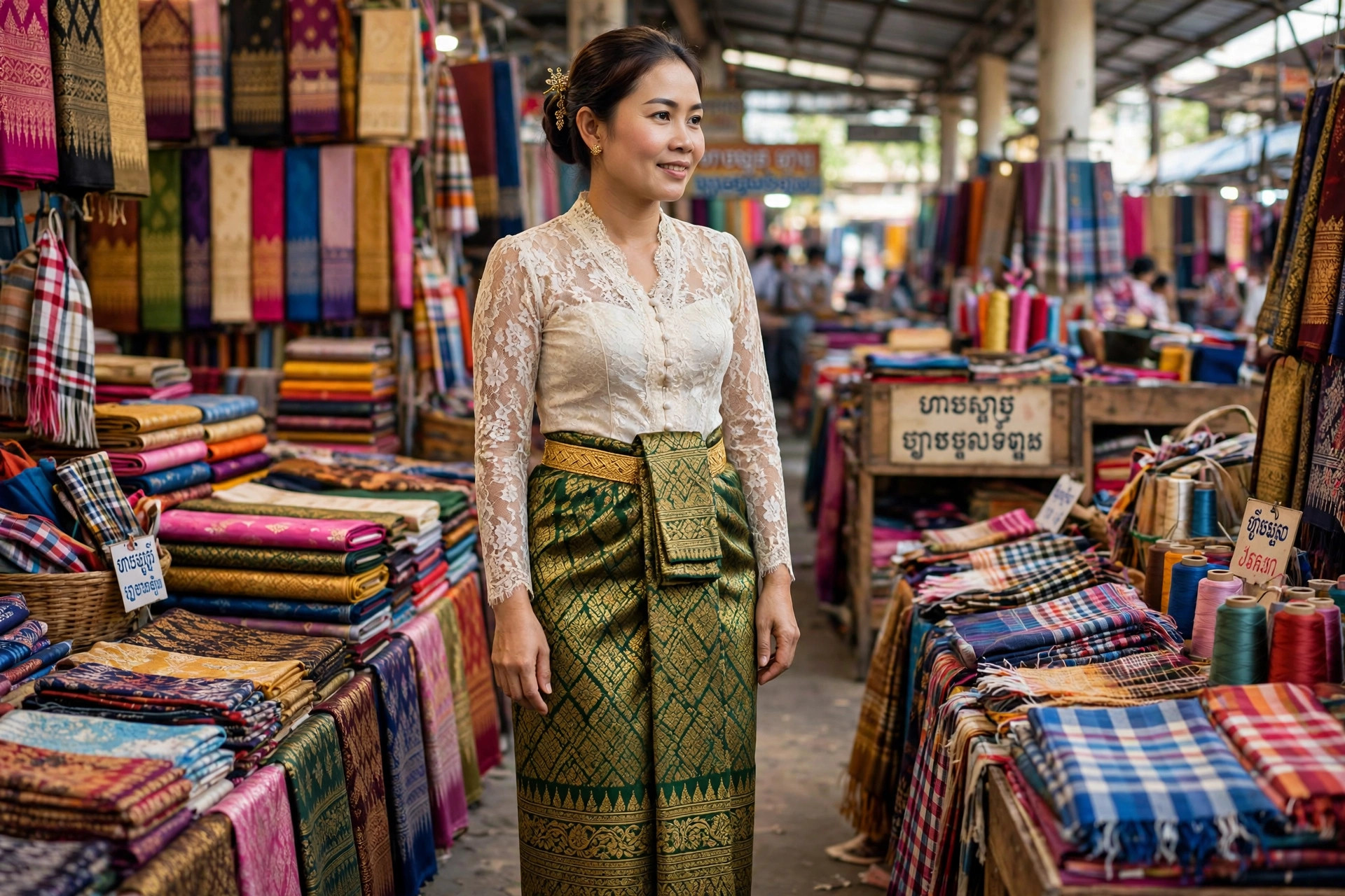 Woman wearing a traditional Cambodian sampot wrapped silk skirt in deep green and gold with a fitted blouse