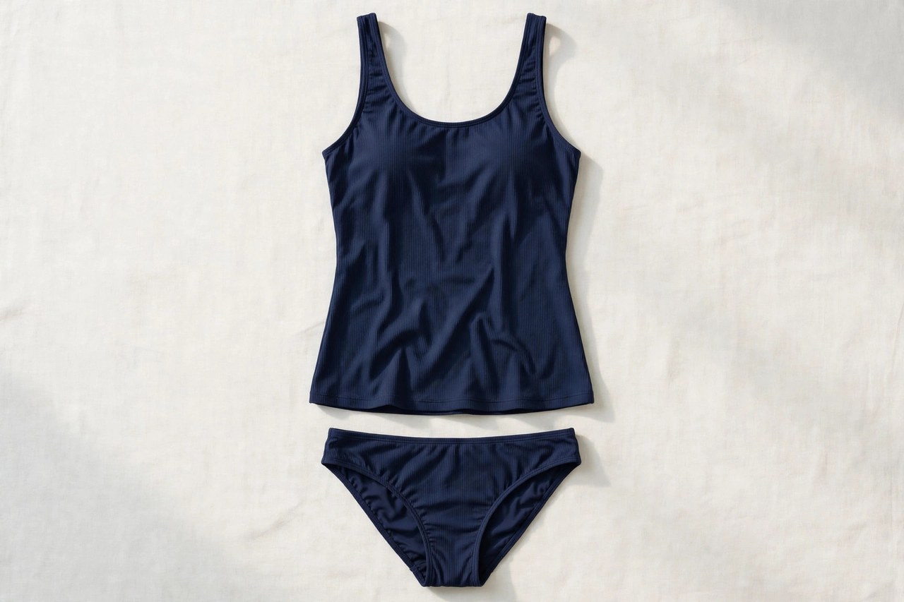 Women's scoopneck tankini swim top and matching bottom laid flat in navy swim fabric