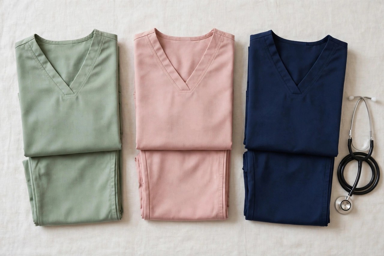 Women's medical scrubs sets in solid colors folded flat with stethoscope beside them