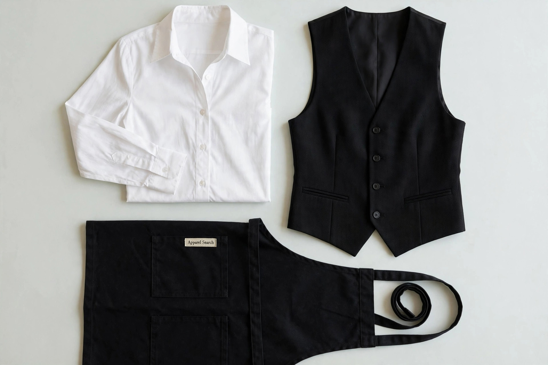 Women's server uniform set laid flat, white shirt, black bistro apron with pockets and a waistcoat, product photography with no people