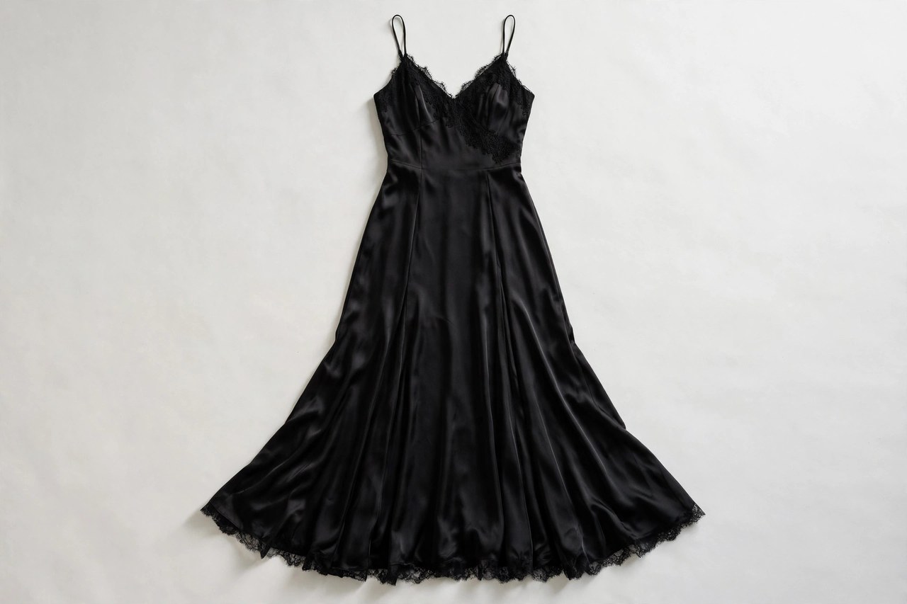 Women's evening dress in black fabric laid flat showing its silhouette and finish
