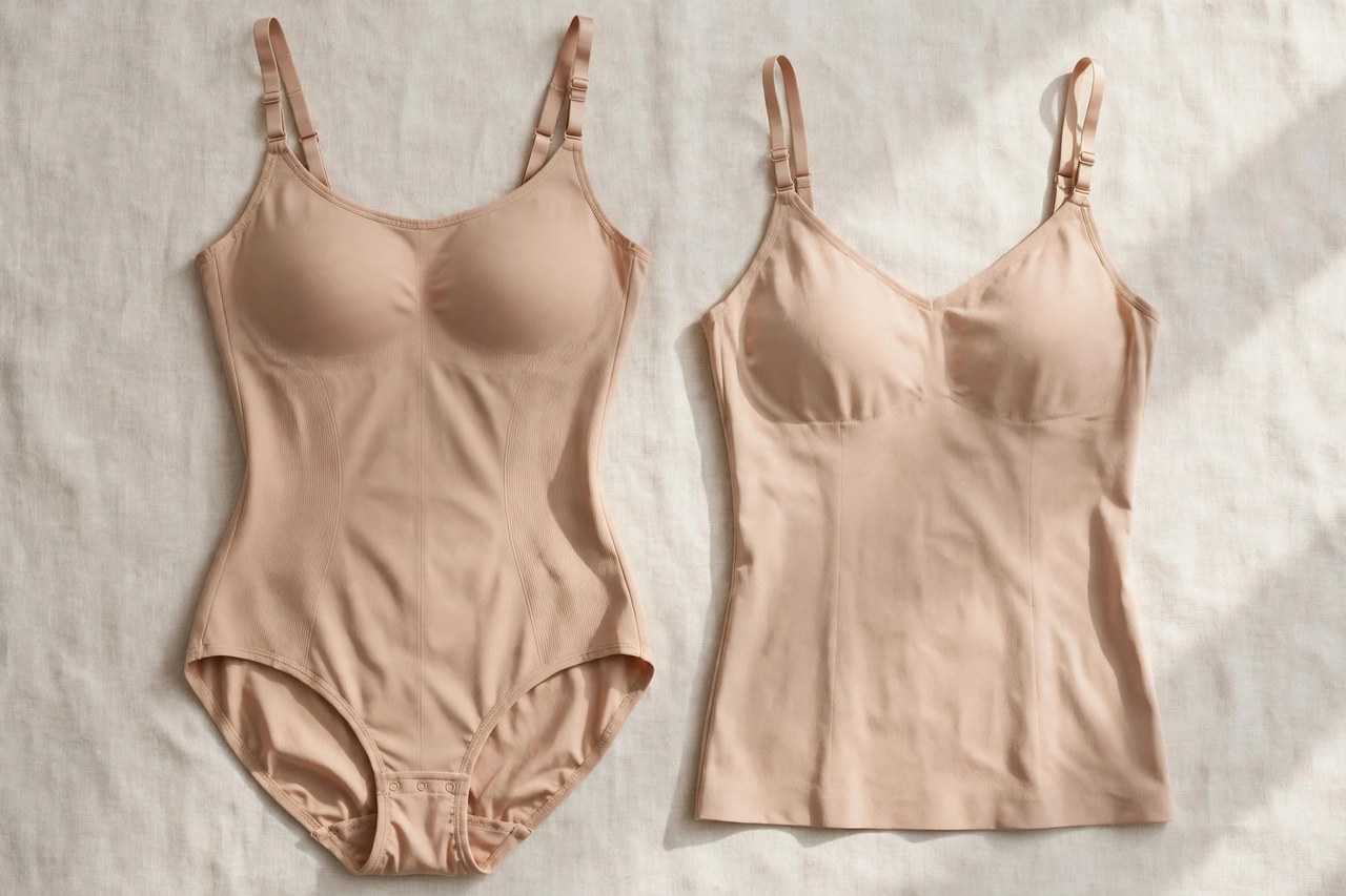 Women's shapewear foundation garments in nude tones laid flat showing bodysuit and camisole styles