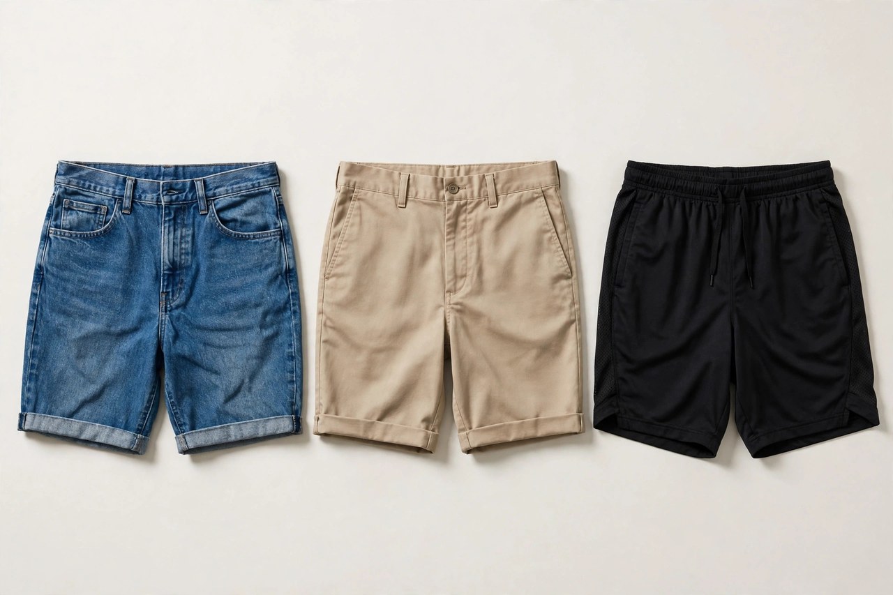 Women's shorts in denim, twill and athletic styles laid flat in a row