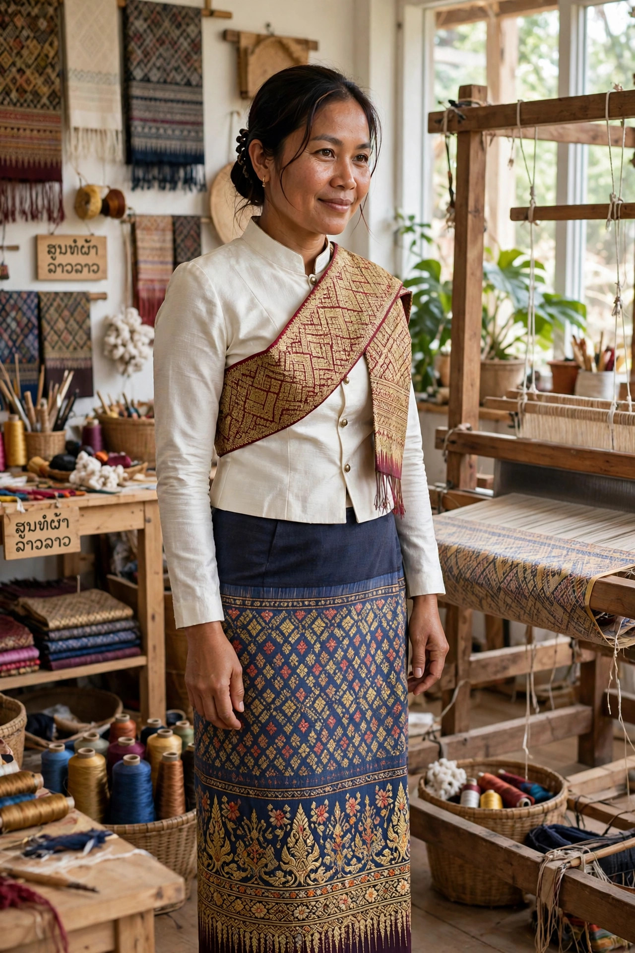 Woman wearing a traditional Lao sinh tube skirt with a patterned woven hem, fitted blouse and diagonal shoulder sash