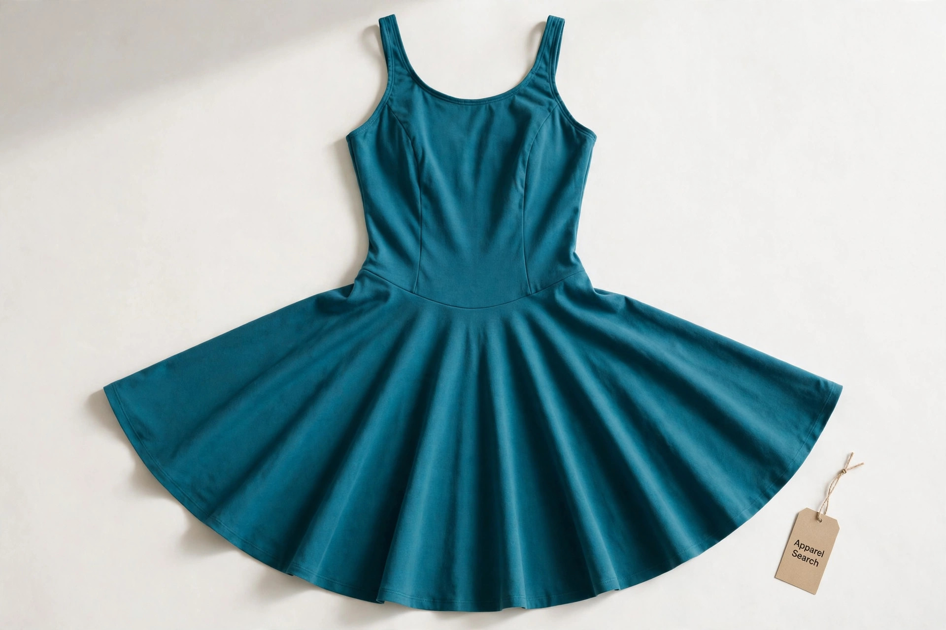 Women's skater dress in teal fabric shown flat, fitted bodice and short flared circle skirt spread out, a small hang tag reading Apparel Search beside it, product photography with no people