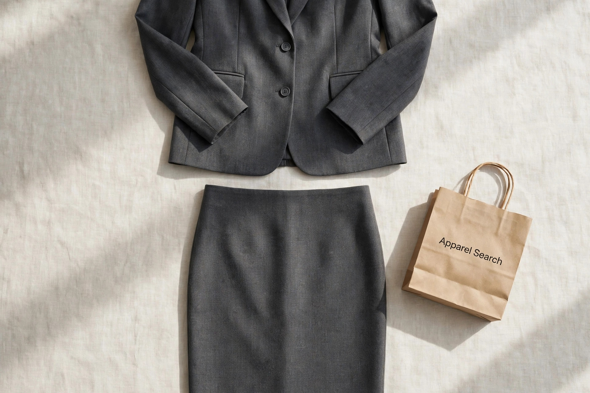 Women's skirt suit in soft charcoal suiting laid flat, tailored jacket above a matching knee-length pencil skirt, product photography with no people