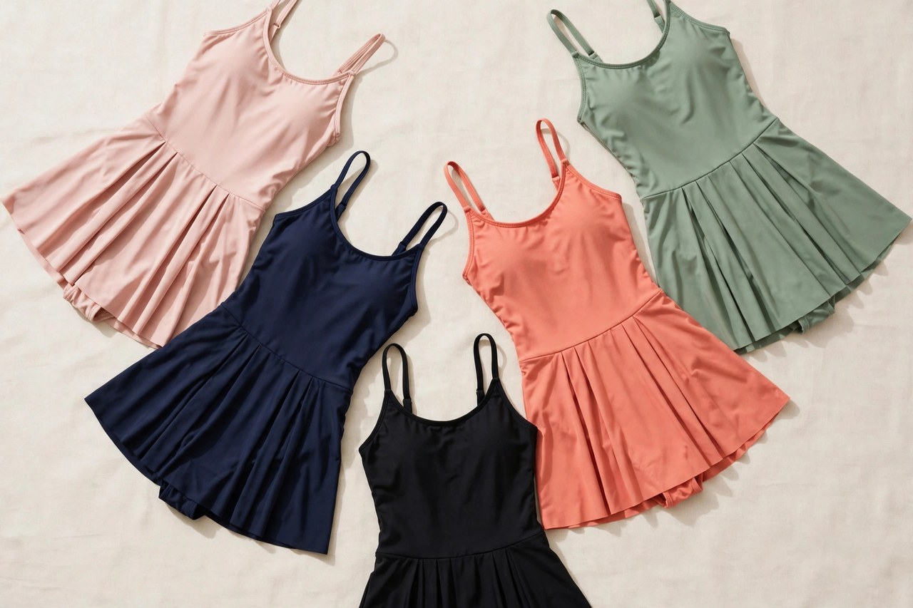 Women's skirted swimsuits in solid colors laid flat showing the attached skirt panels