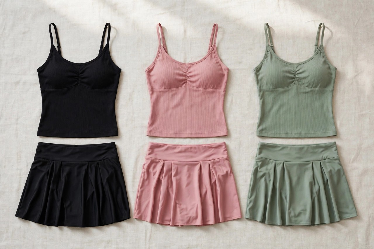 Women's skirted tankini sets laid flat showing tank-style tops with matching skirted bottoms