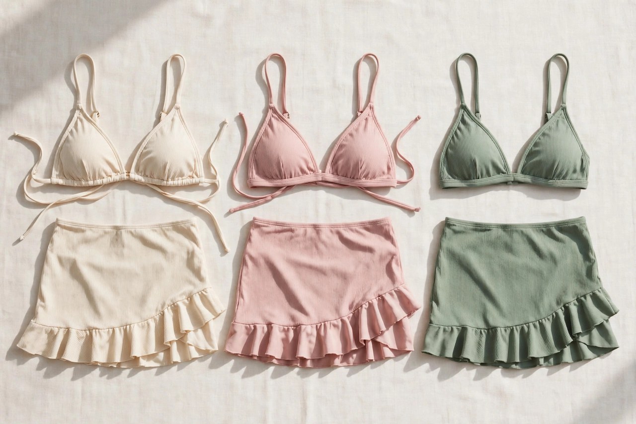 Women's skirtini two-piece swimsuits laid flat showing bikini tops with small skirted bottoms
