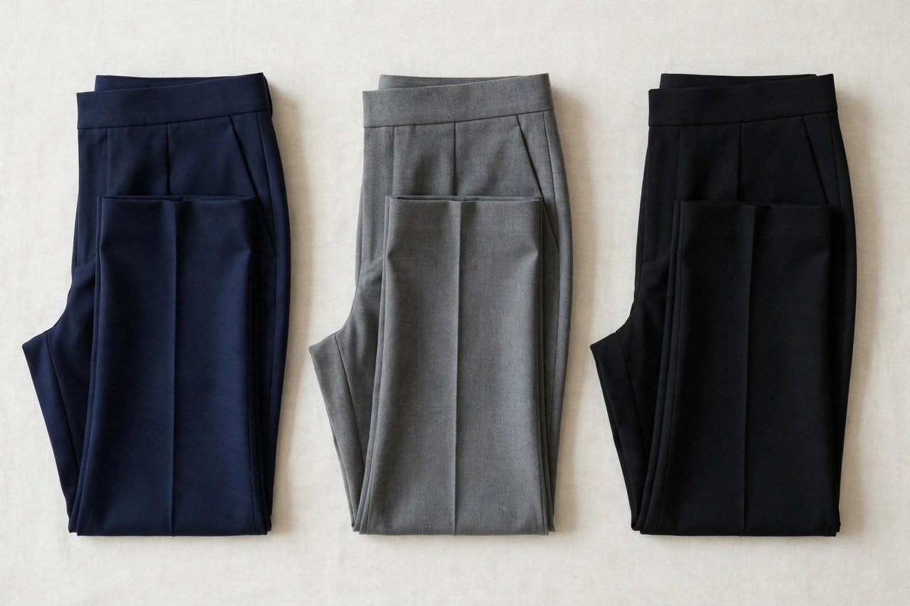 Women's slacks in navy, grey and black tailored styles folded in a row