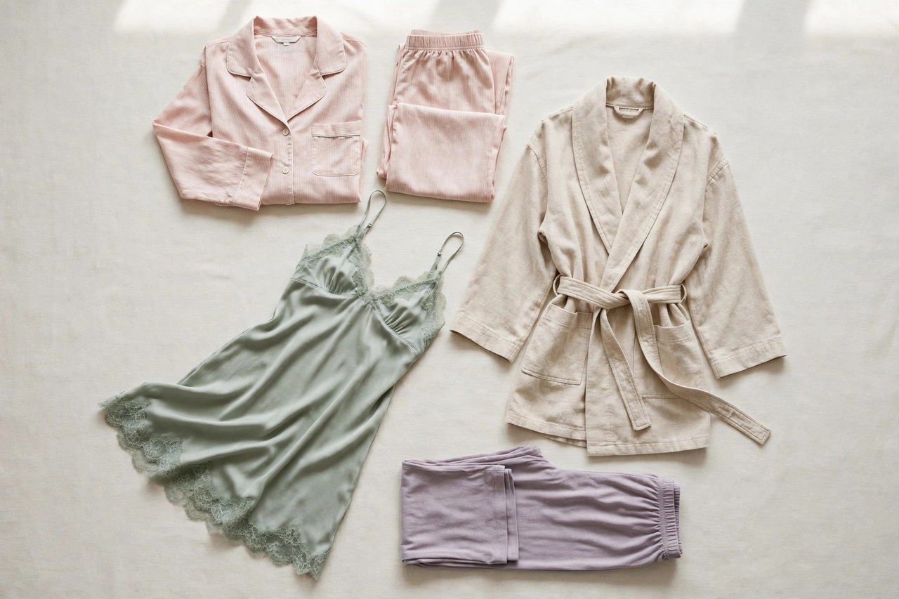 Women's sleepwear arranged flat including a pajama set, nightgown, robe and sleep pants