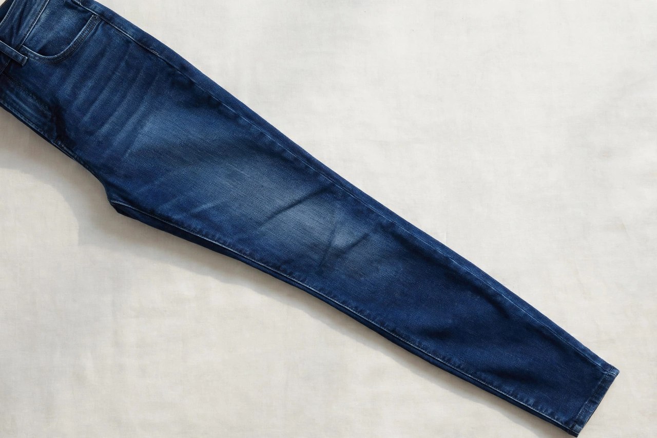 Women's slim fit jeans in a deep blue wash laid flat, showing the leg following a close line with a gently tapered ankle, product photography with no people