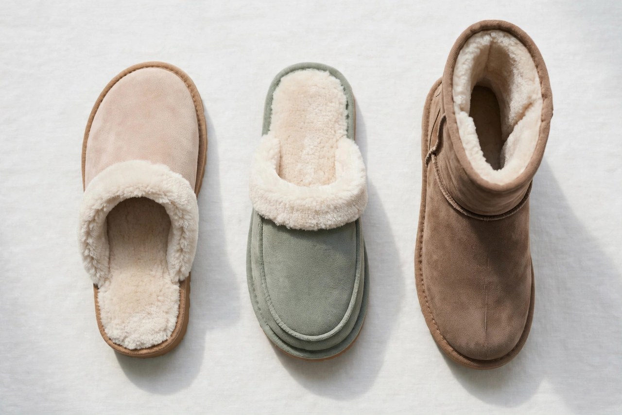 Women's slippers in mule, closed and boot styles with fleece linings laid flat