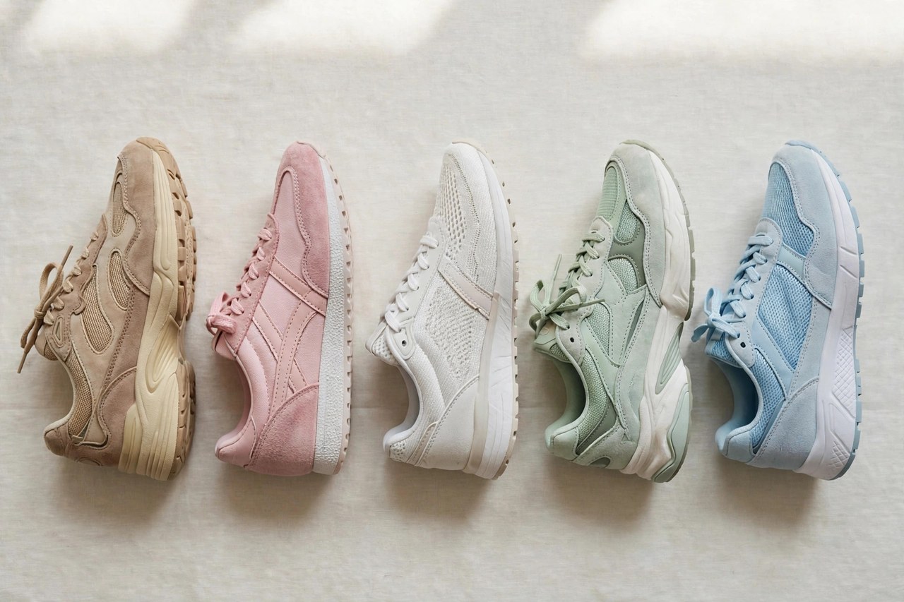 Women's sneakers in fashion, retro and athletic styles laid flat in a row