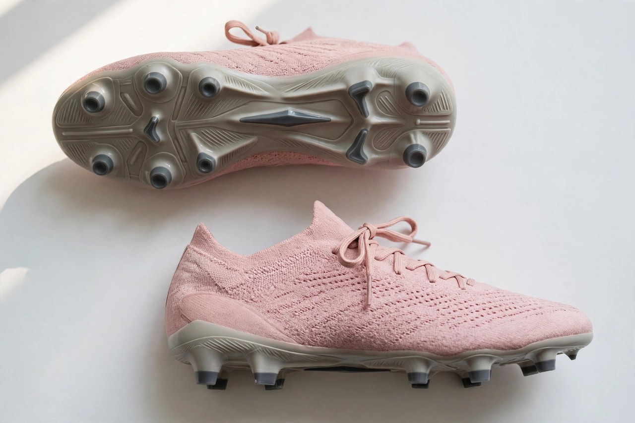 Women's soccer cleats showing conical and bladed stud plates laid flat sole-up and side view