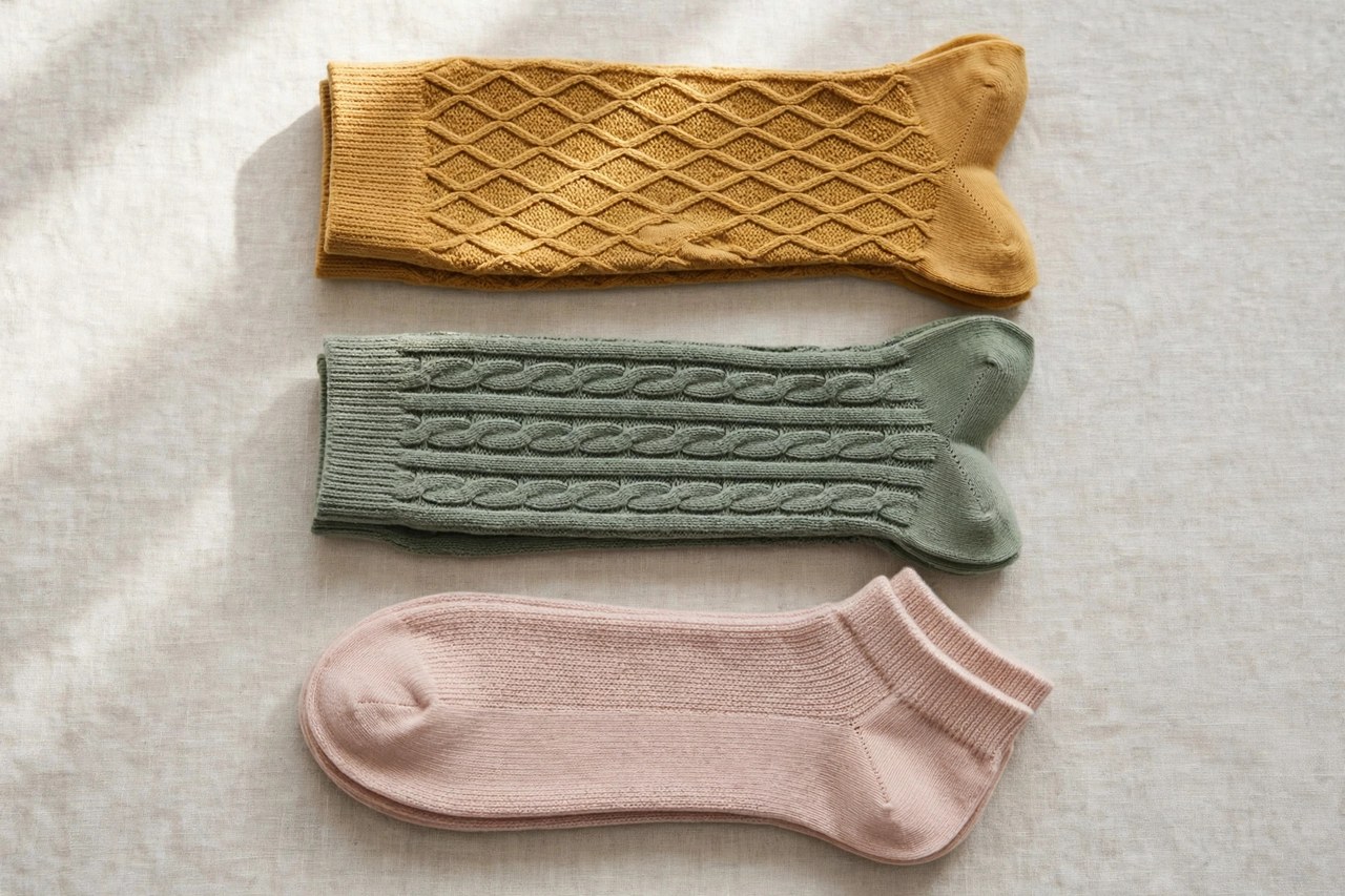 Women's socks in ankle, crew and knee lengths folded in pairs showing different colors and knit patterns