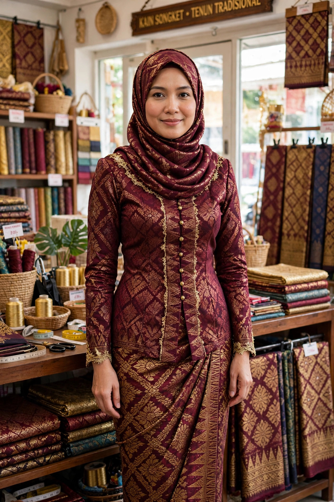 Woman wearing a traditional songket outfit with handwoven gold thread brocade fabric as a long skirt and top in maroon and gold