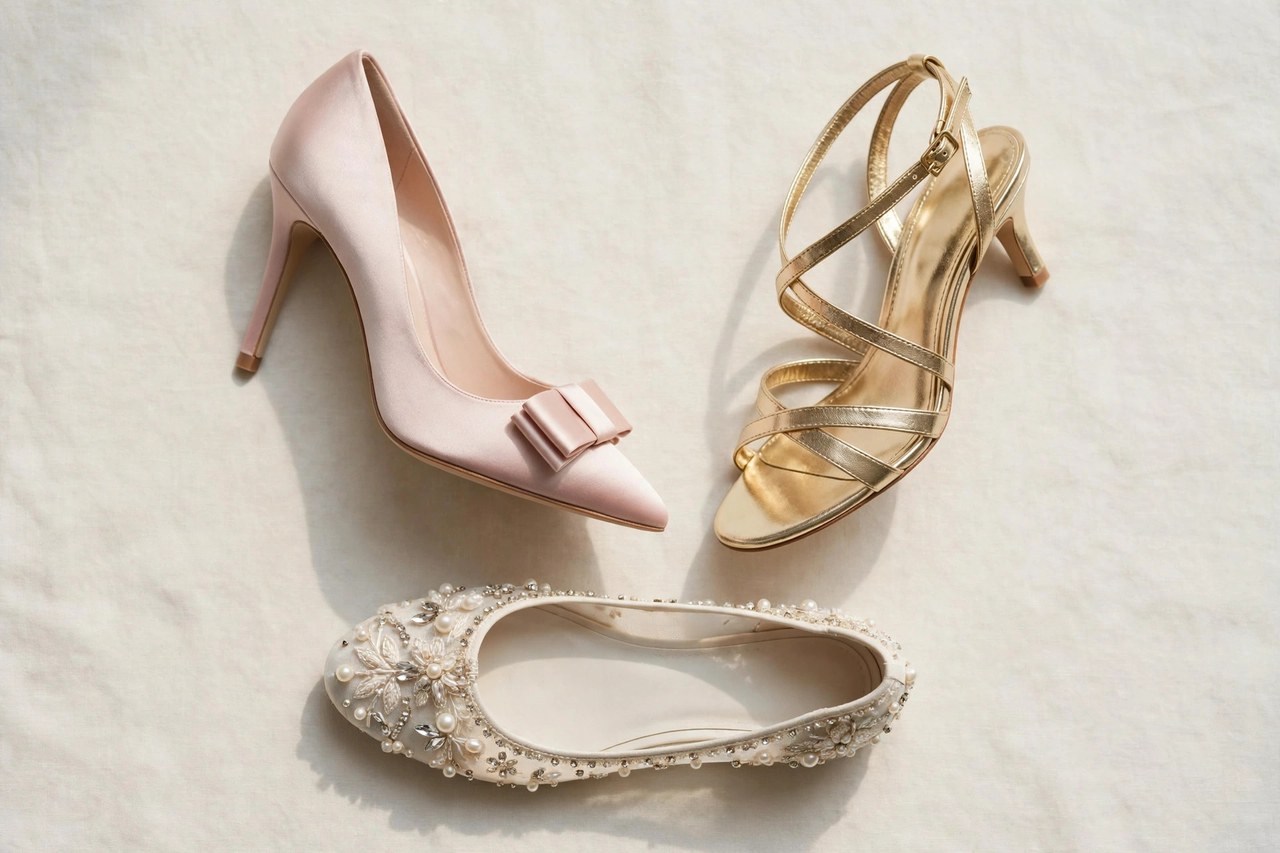 Women's special occasion shoes including satin heels, metallic sandals and embellished flats arranged together