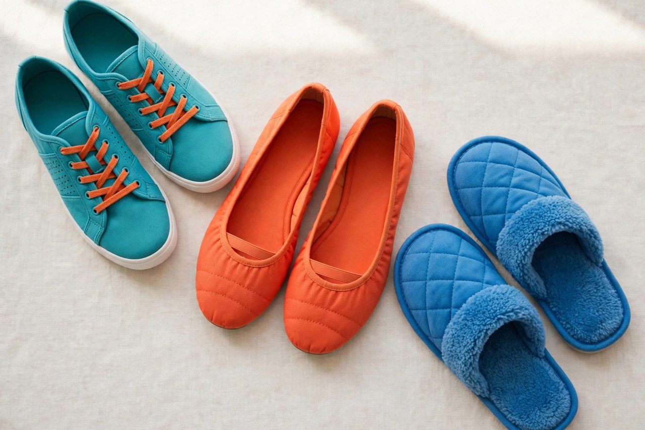 Women's sports fan shoes in bright team colors including canvas sneakers, flats and slippers arranged together