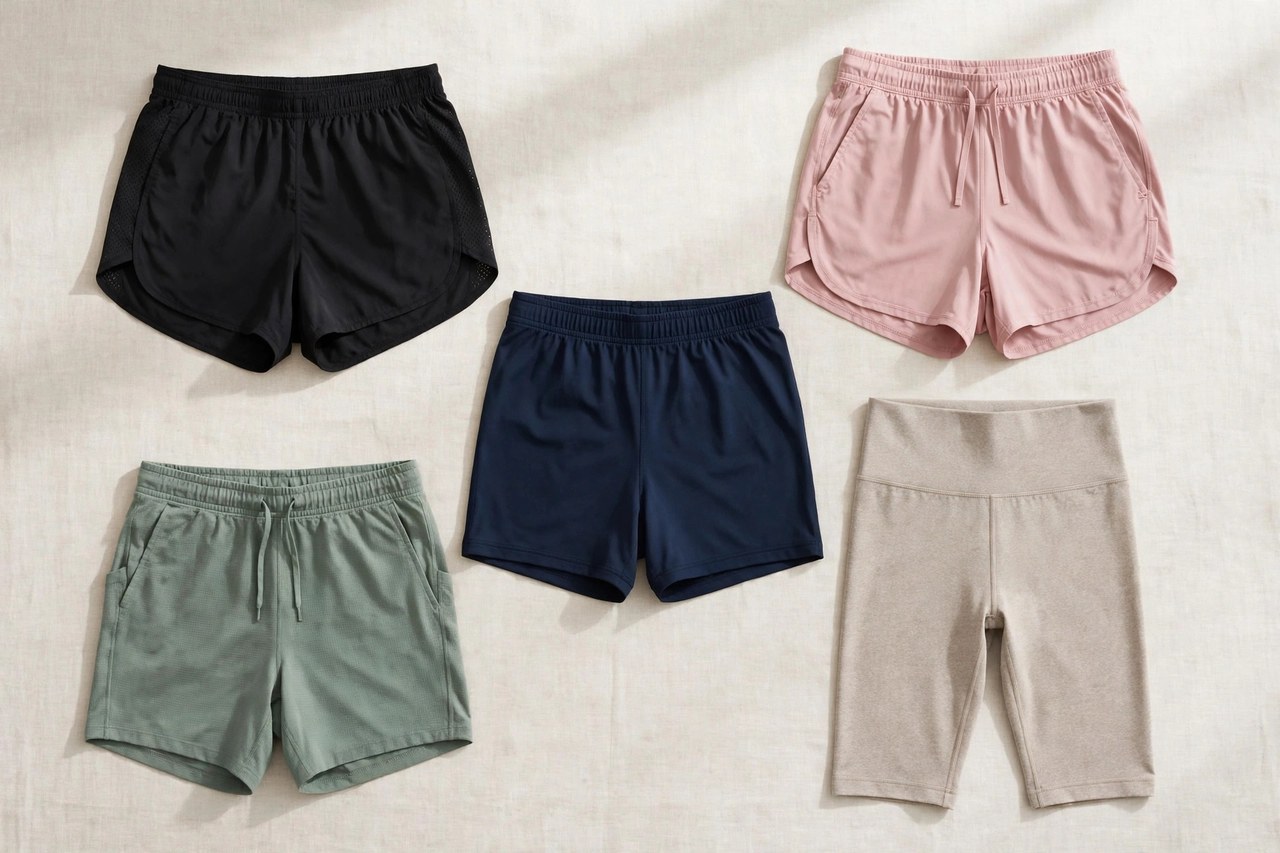 Women's sports shorts in running and training styles with different inseam lengths laid flat
