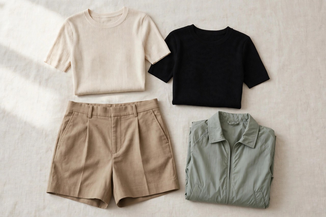 Women's sportswear separates including knit tops, tailored shorts and a lightweight jacket laid flat