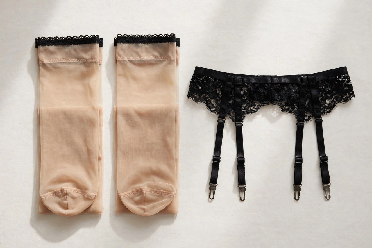Women's sheer stockings folded flat with a garter belt, showing the welt tops and reinforced toes