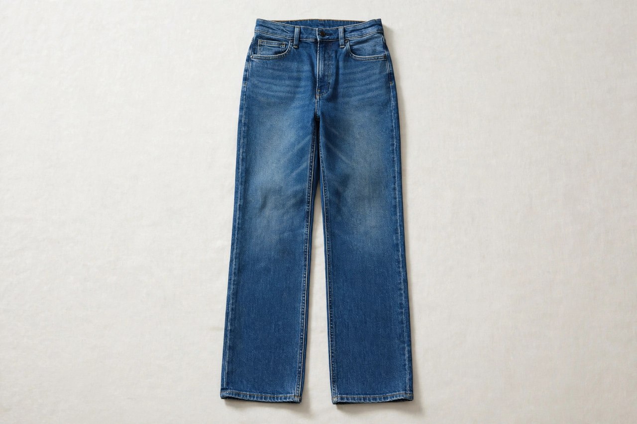Women's straight-leg jeans in a classic medium indigo wash, folded flat to show the even leg width from knee to hem, product photography with no people