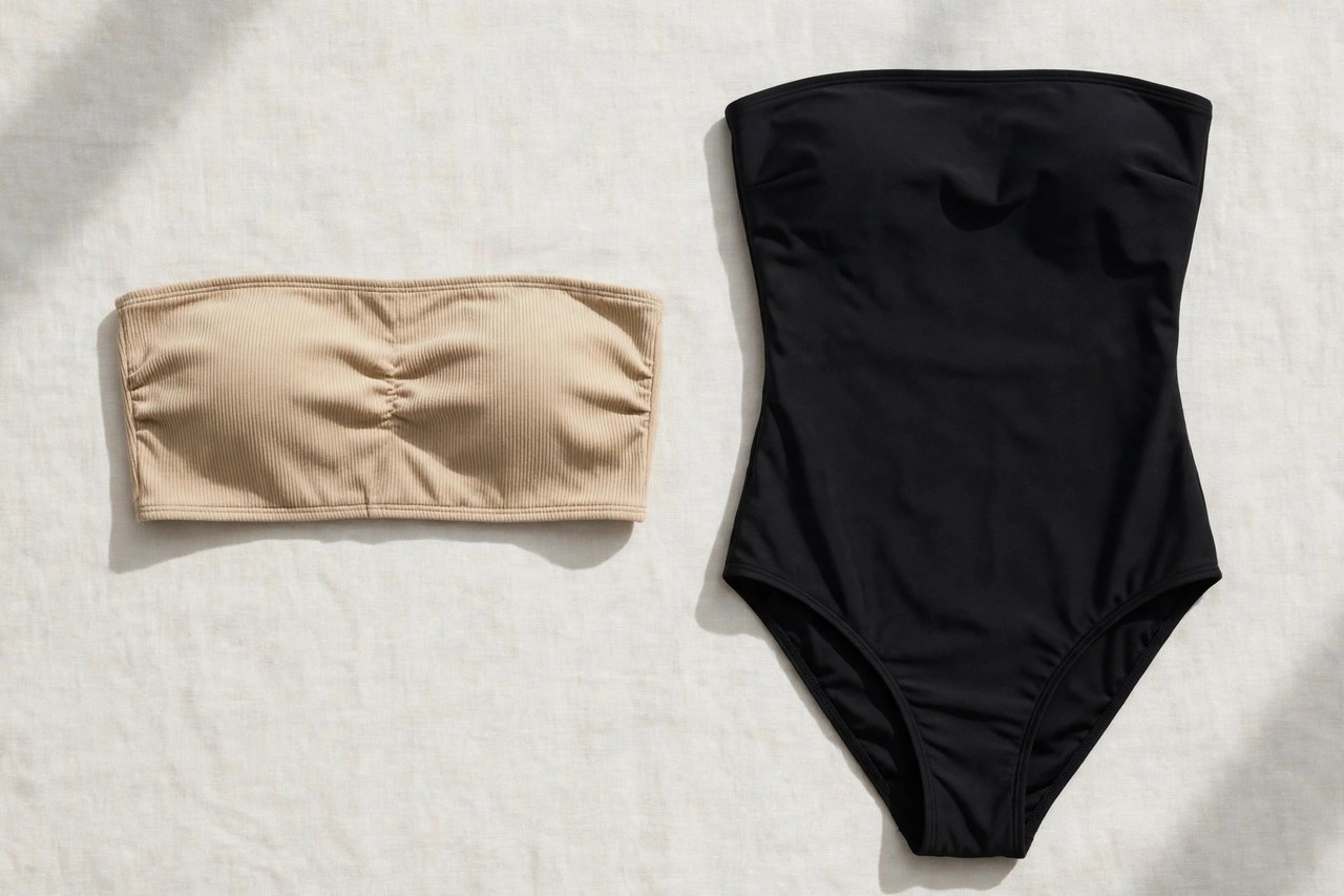 Women's strapless swimsuits in bandeau and one-piece styles laid flat showing the straight necklines