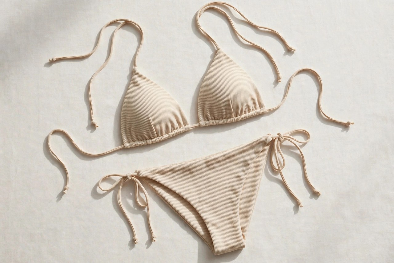 Women's string bikini two-piece swim set laid flat showing the triangle cups and tie-side cords