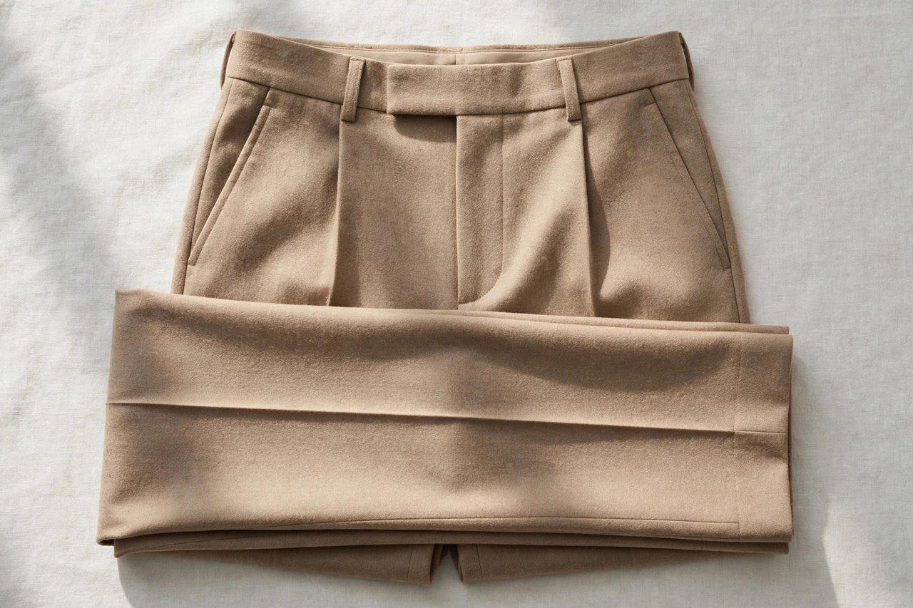 Women's suit pants in tailored wool trouser styles folded showing the waistbands and creases
