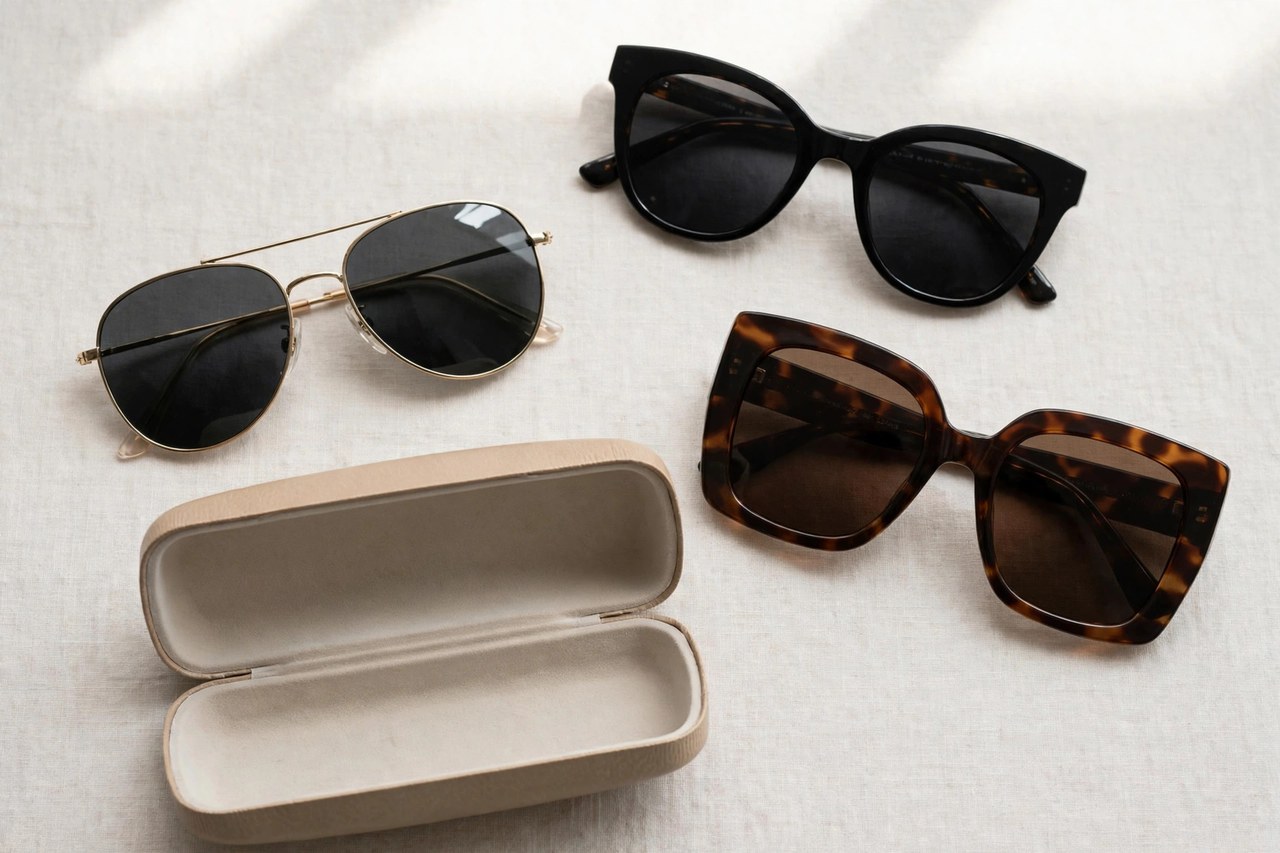 Women's sunglasses in aviator, cat-eye and oversized frame styles laid flat with a protective case